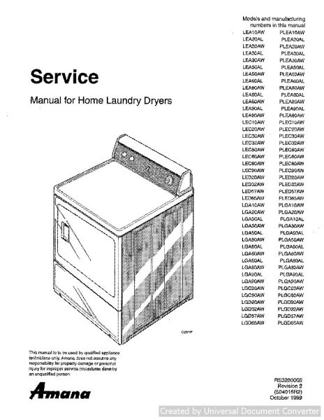 Amana PLGC20AW Home Laundry Dryer Service Manual