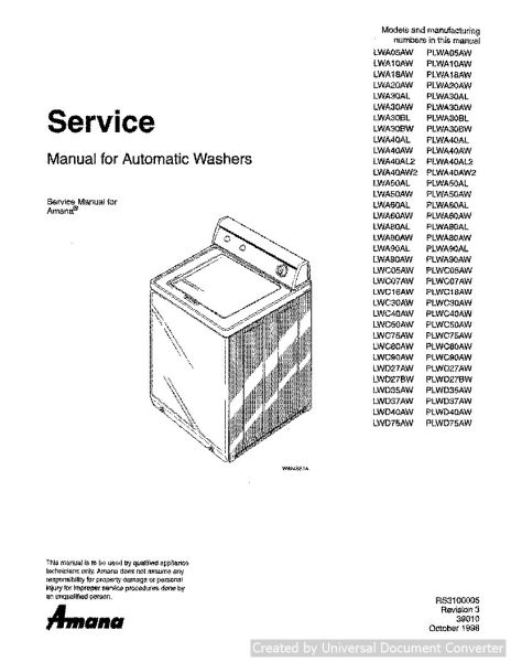 Amana PLWA80AW Automatic Washer Service Manual