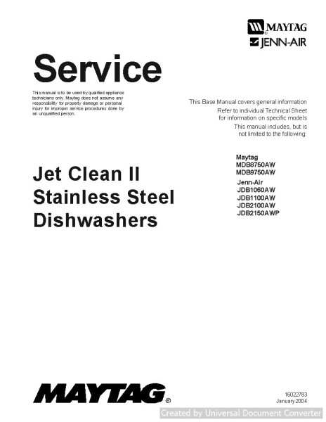 Jenn-Air MDB9750AW Jet Clean II Stainless Steel Dishwasher Manual