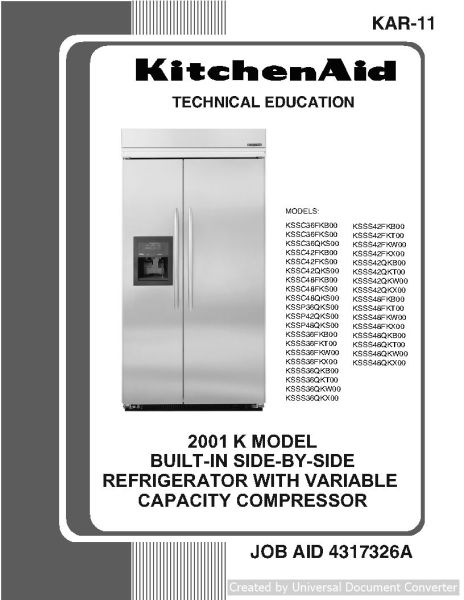 KitchenAid KSSS42FKW00 Refrigerator Technical Education PDF Service Manual