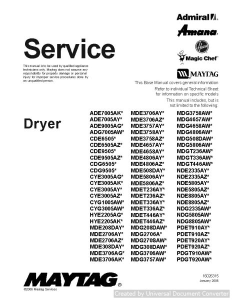 Maytag Amana CDE6505 Dryer Service Manual