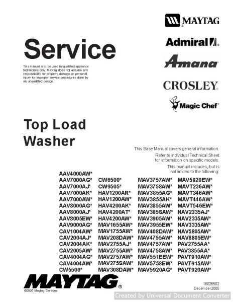Maytag Amana AAV7000AW Top Load Washer Service Manual