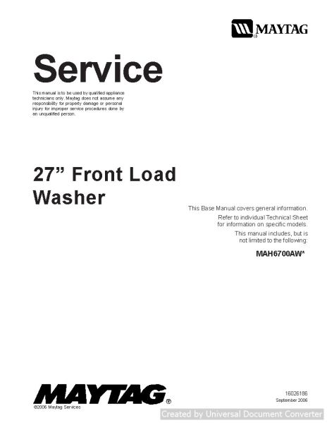 Maytag MAH6700AW 27 Front Load Washer Service manual