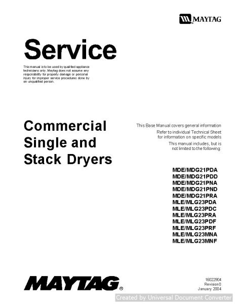 Maytag MDE MLG23MNF Commercial & Single Stack Dryer Service Manual