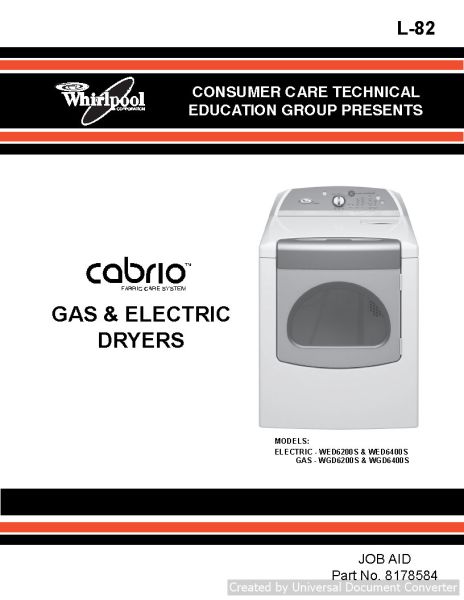 Whirlpool Cabrio WED6200S Gass & Electric Dryer Service Manual