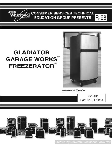 Whirlpool GAFZ21XXMK00 GLADIATOR GARAGE WORKS FREEZERATOR Service Manual