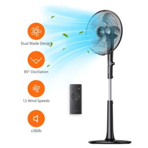 TaoTronics TT-TF010 Pedestal Fan, Oscillating Standing with Remote, 18-Hour Timer 3 Wind Modes 12 Speed Levels Adjustable Height Electric Cooling Floor for Home Office Bedroom Use, 16" Blade, Black