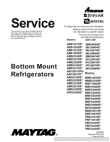 Amana ABD2533DE Bottom Mount Refrigerator Service Manual