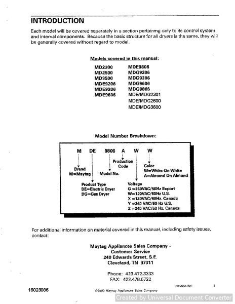 Maytag MDE9606 1998 Square Front Dryer Service Manual